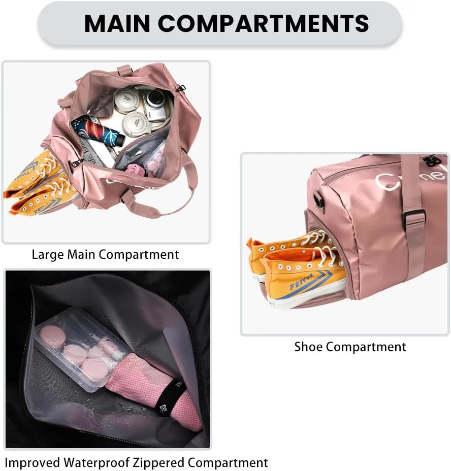 Gym Duffle Bag for Men Women with Shoe and Wet Compartment Sport Workout Waterproof Bags Large for Fitness Yoga Swimming Traveling Duffel, Pink, With Shoe and Wet Compartment