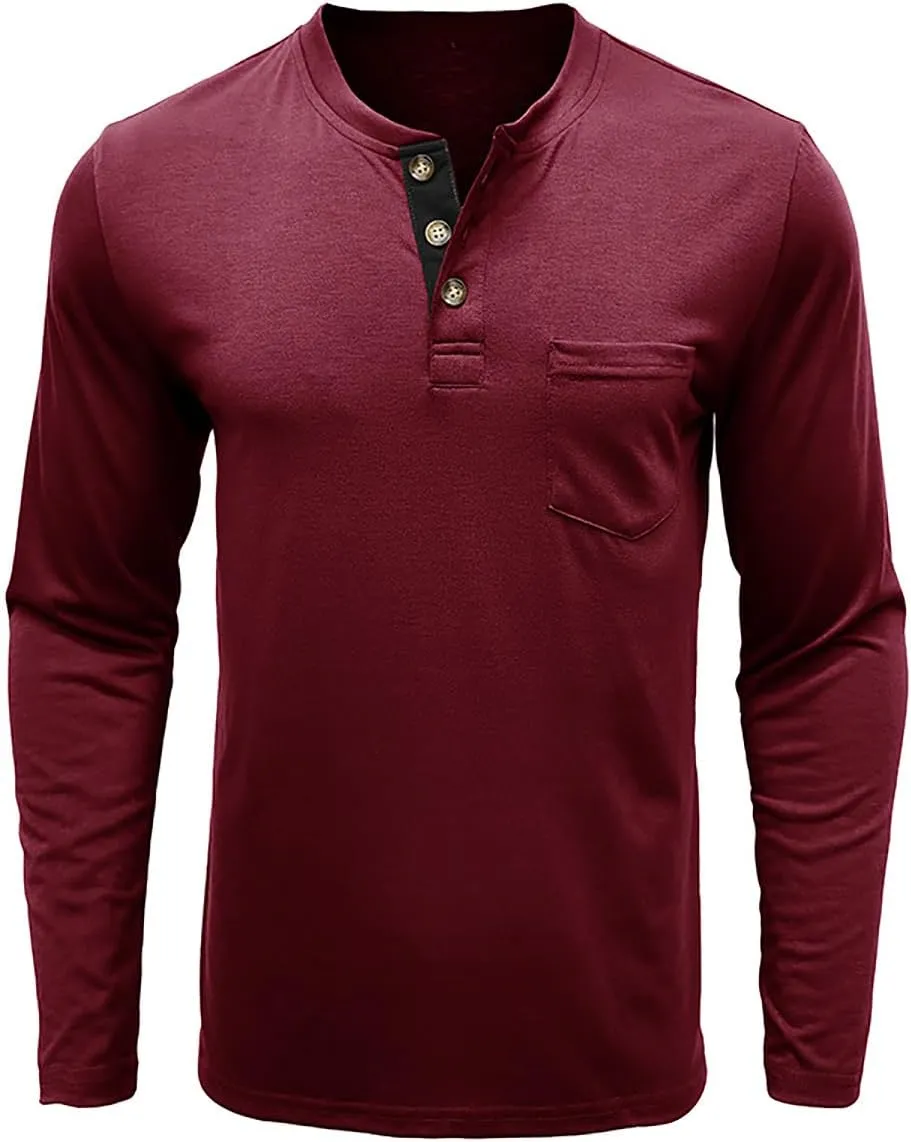 Henley Shirts for Men Casual Long/Short Sleeve Cotton T-Shirt Basic Button Tee Shirts with Pocket