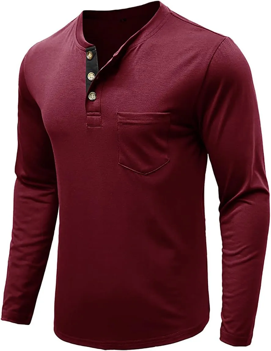 Henley Shirts for Men Casual Long/Short Sleeve Cotton T-Shirt Basic Button Tee Shirts with Pocket