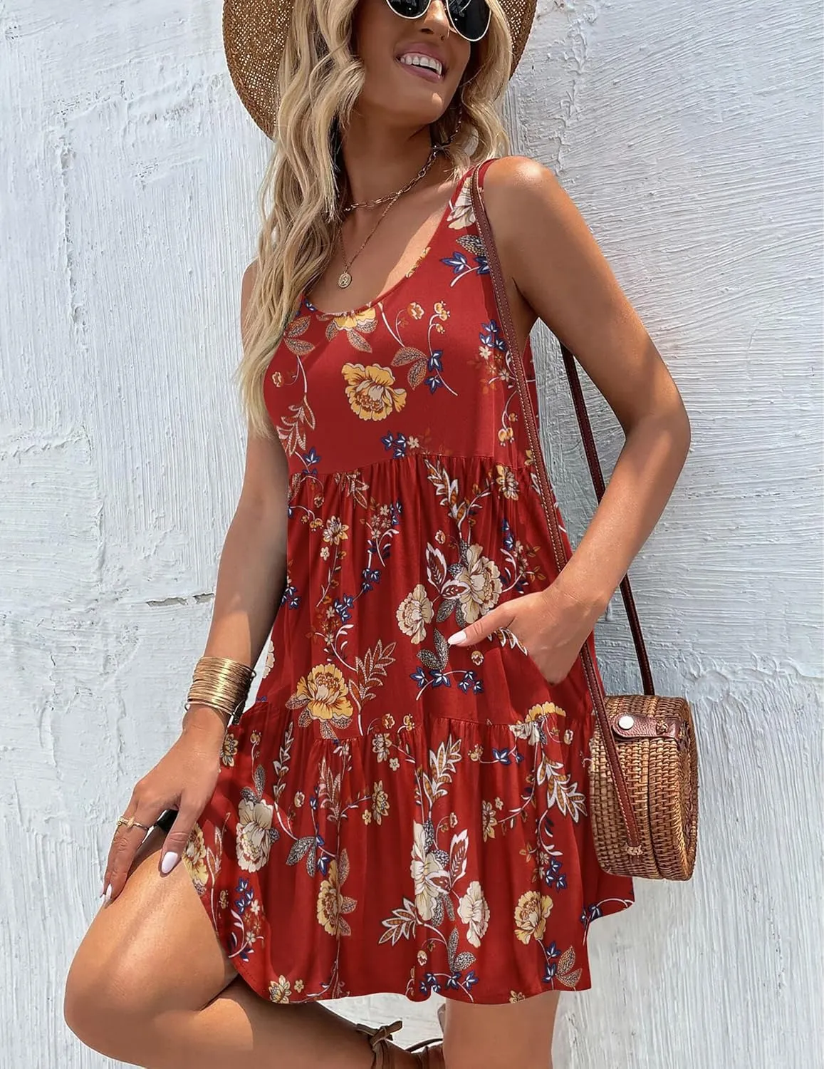 HOTOUCH Women Casual Summer Dress Sleeveless Ruffle Swing Dress with Pockets Tiered Mini Sundress Tank Short Dress A Line