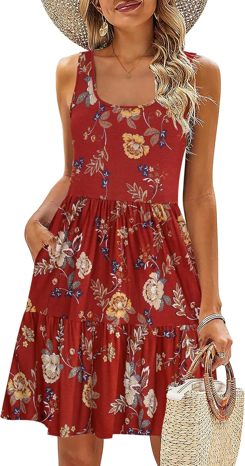 HOTOUCH Women Casual Summer Dress Sleeveless Ruffle Swing Dress with Pockets Tiered Mini Sundress Tank Short Dress A Line