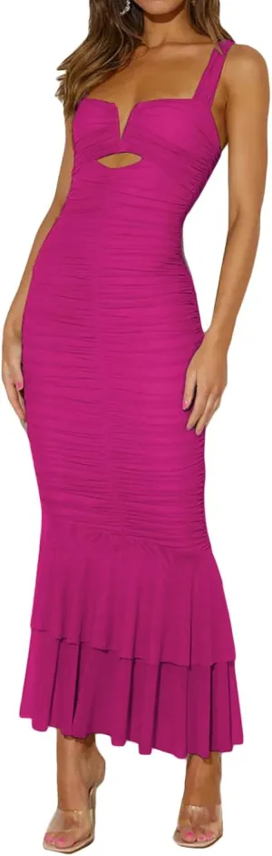 houstil Women's Strap Wedding Guest Dress Wrinkles Mesh Bodycon Party Maxi Cocktail Cut Out Clubwear Summer