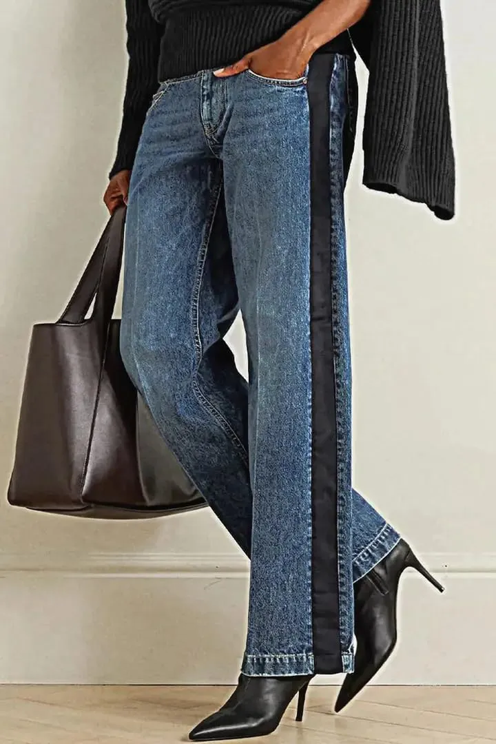 Huang's Women's High-Rise Wide Leg Jeans with Side Stripe, Medium Wash Denim, Black Stripe Detail