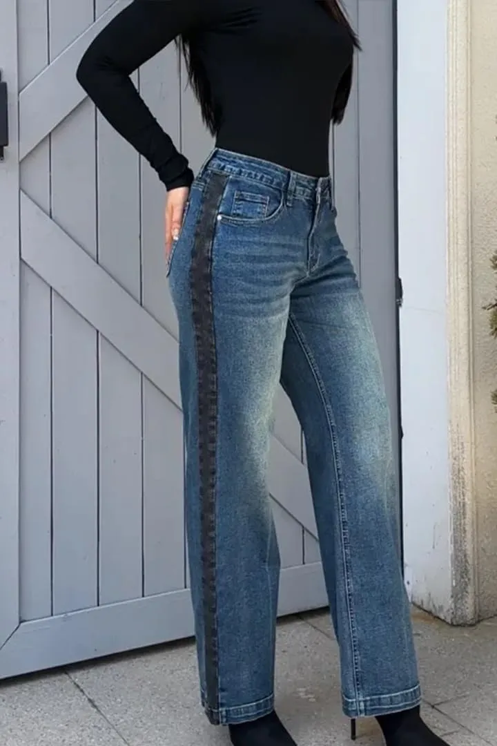 Huang's Women's High-Rise Wide Leg Jeans with Side Stripe, Medium Wash Denim, Black Stripe Detail