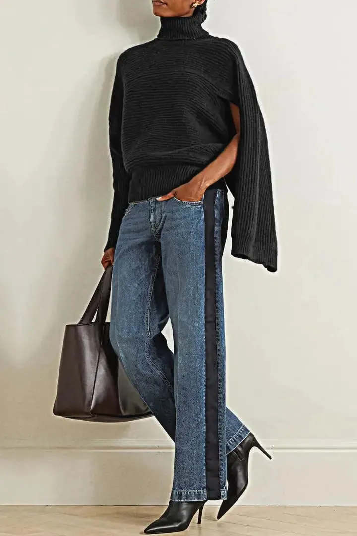 Huang's Women's High-Rise Wide Leg Jeans with Side Stripe, Medium Wash Denim, Black Stripe Detail