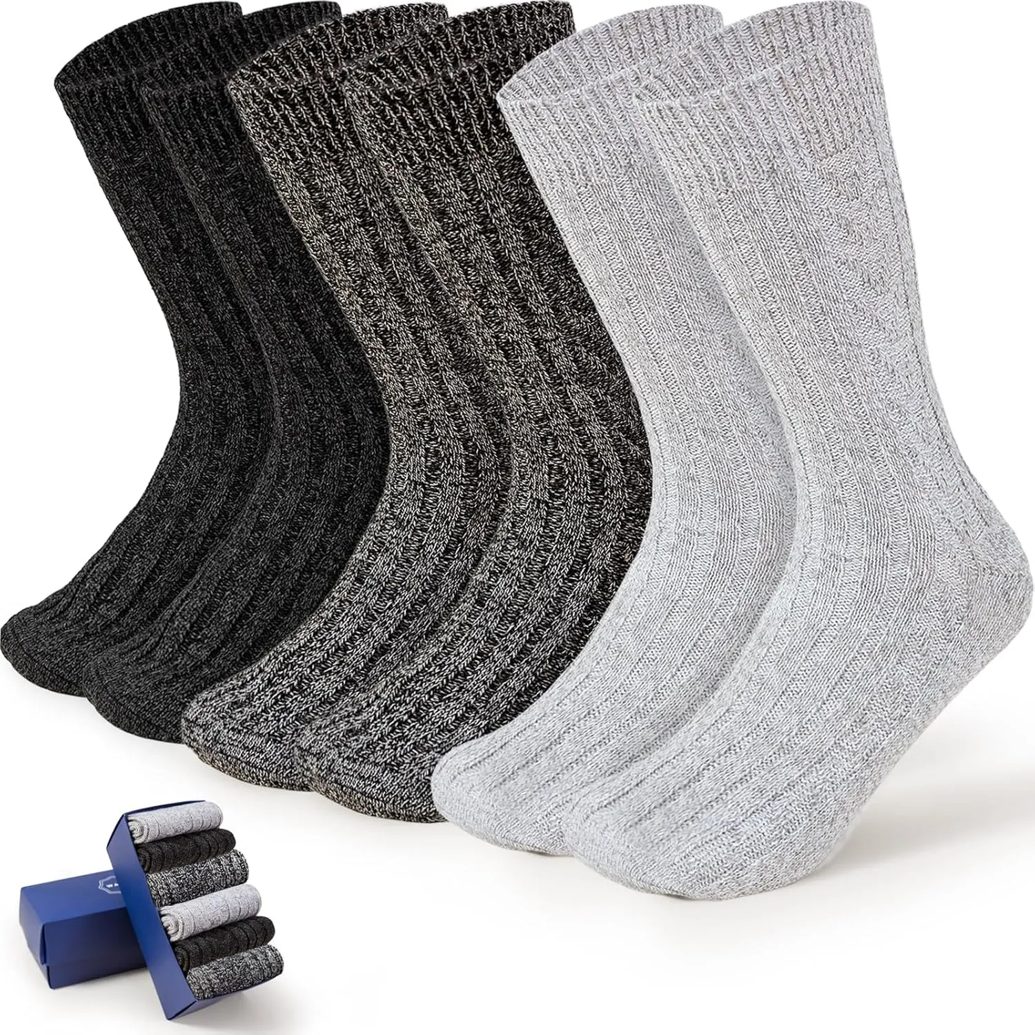 HUGSWEET 6 Pairs Warm Socks for Men Thick Winter Socks Thermal Wool Soft Hiking Crew Socks with Gifts Box