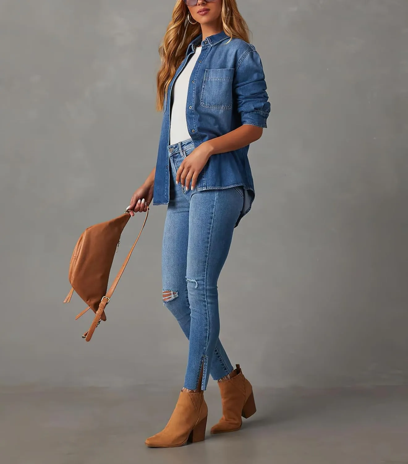 Jeans for Women Mid Rise Stretch Fit Destroyed Ripped Skinny Jeans Split Raw Hem Denim Pants Slim Fit Jean Jeggings