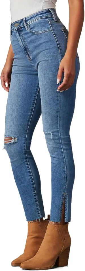 Jeans for Women Mid Rise Stretch Fit Destroyed Ripped Skinny Jeans Split Raw Hem Denim Pants Slim Fit Jean Jeggings