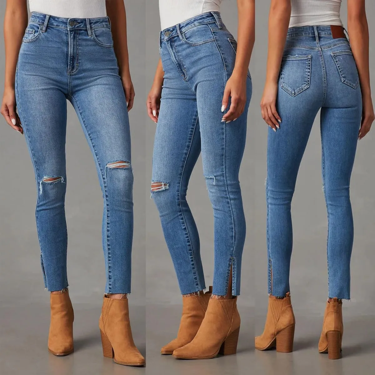 Jeans for Women Mid Rise Stretch Fit Destroyed Ripped Skinny Jeans Split Raw Hem Denim Pants Slim Fit Jean Jeggings