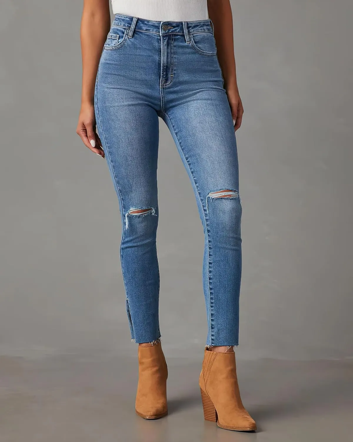 Jeans for Women Mid Rise Stretch Fit Destroyed Ripped Skinny Jeans Split Raw Hem Denim Pants Slim Fit Jean Jeggings