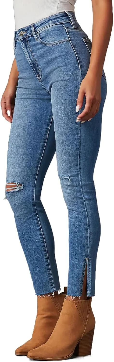 Jeans for Women Mid Rise Stretch Fit Destroyed Ripped Skinny Jeans Split Raw Hem Denim Pants Slim Fit Jean Jeggings