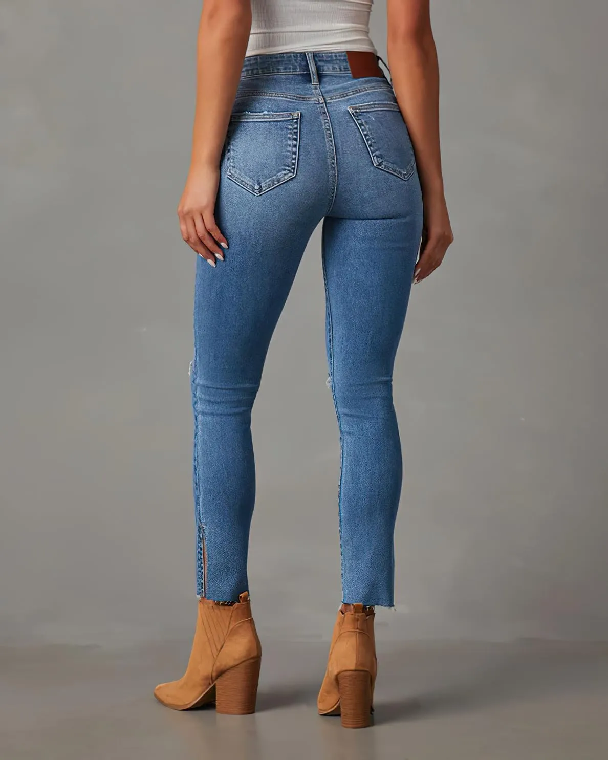 Jeans for Women Mid Rise Stretch Fit Destroyed Ripped Skinny Jeans Split Raw Hem Denim Pants Slim Fit Jean Jeggings