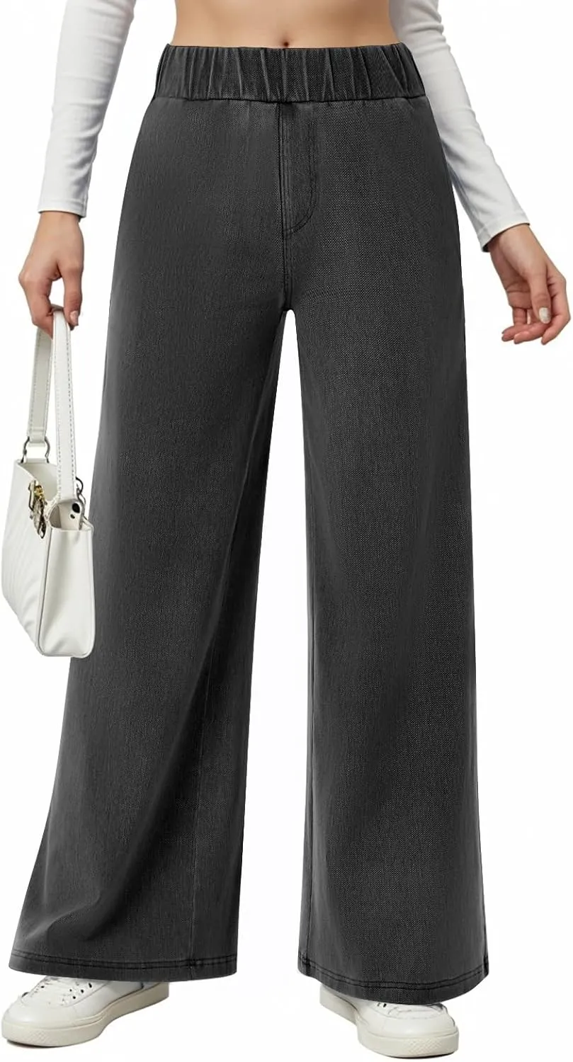 Jeans for Women Stretch High Waisted Wide Leg Jeans Baggy Straight Leg Tummy Control Pull On Denim Pants with Pockets