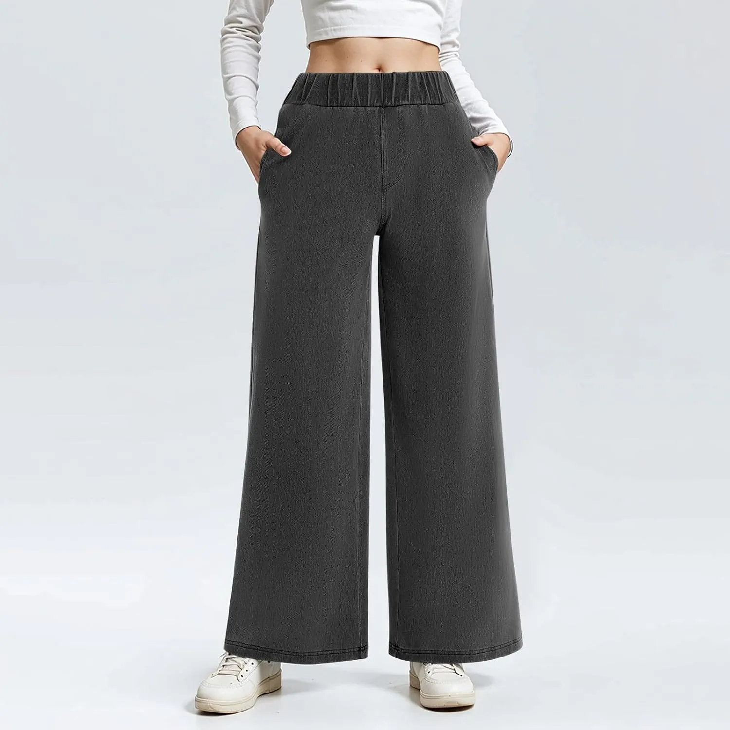 Jeans for Women Stretch High Waisted Wide Leg Jeans Baggy Straight Leg Tummy Control Pull On Denim Pants with Pockets