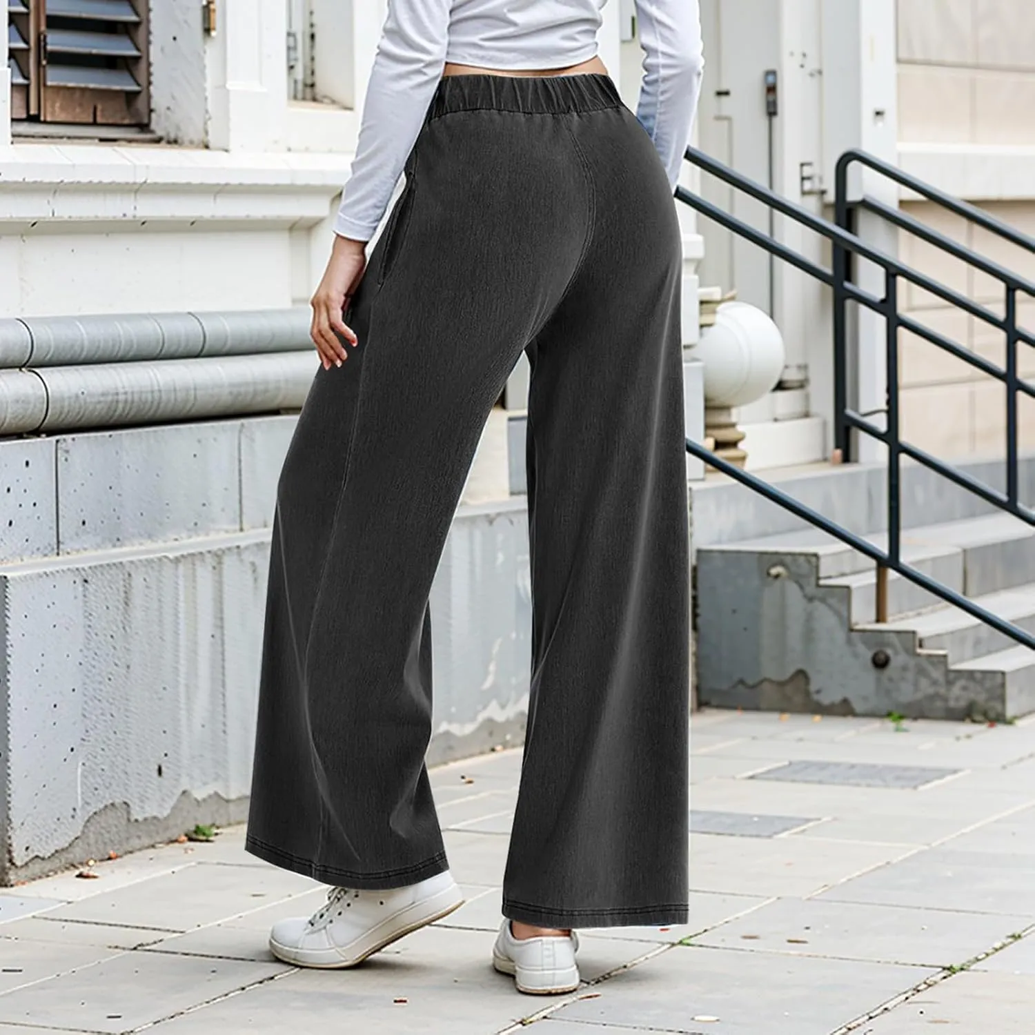 Jeans for Women Stretch High Waisted Wide Leg Jeans Baggy Straight Leg Tummy Control Pull On Denim Pants with Pockets