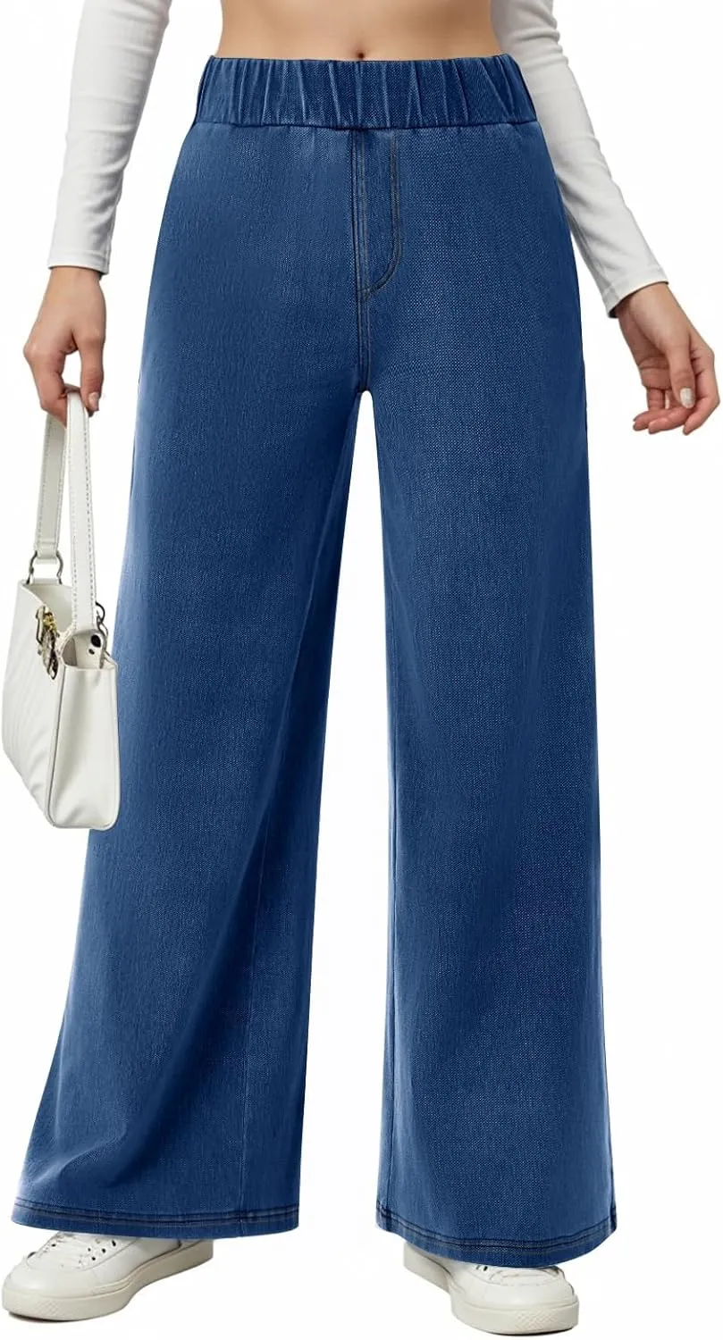 Jeans for Women Stretch High Waisted Wide Leg Jeans Baggy Straight Leg Tummy Control Pull On Denim Pants with Pockets