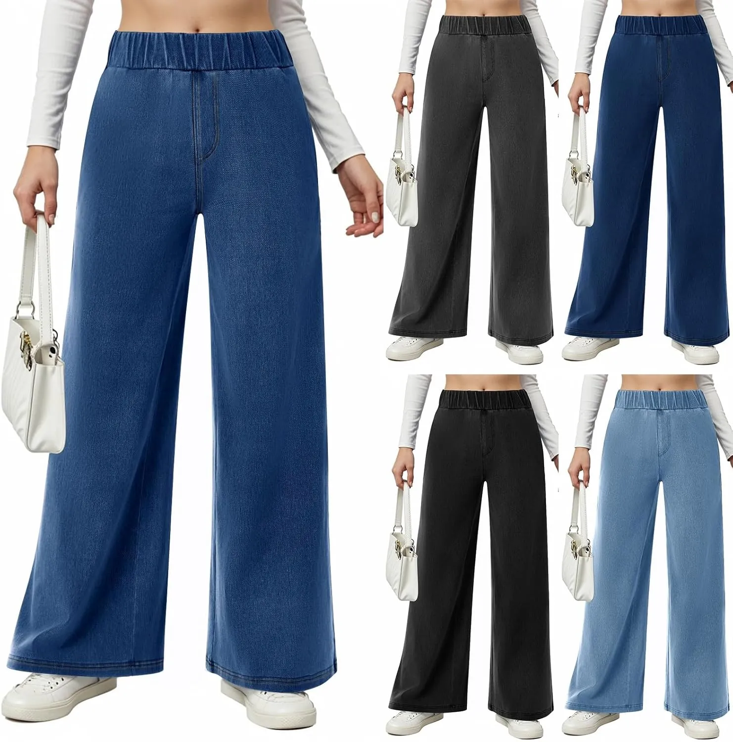 Jeans for Women Stretch High Waisted Wide Leg Jeans Baggy Straight Leg Tummy Control Pull On Denim Pants with Pockets