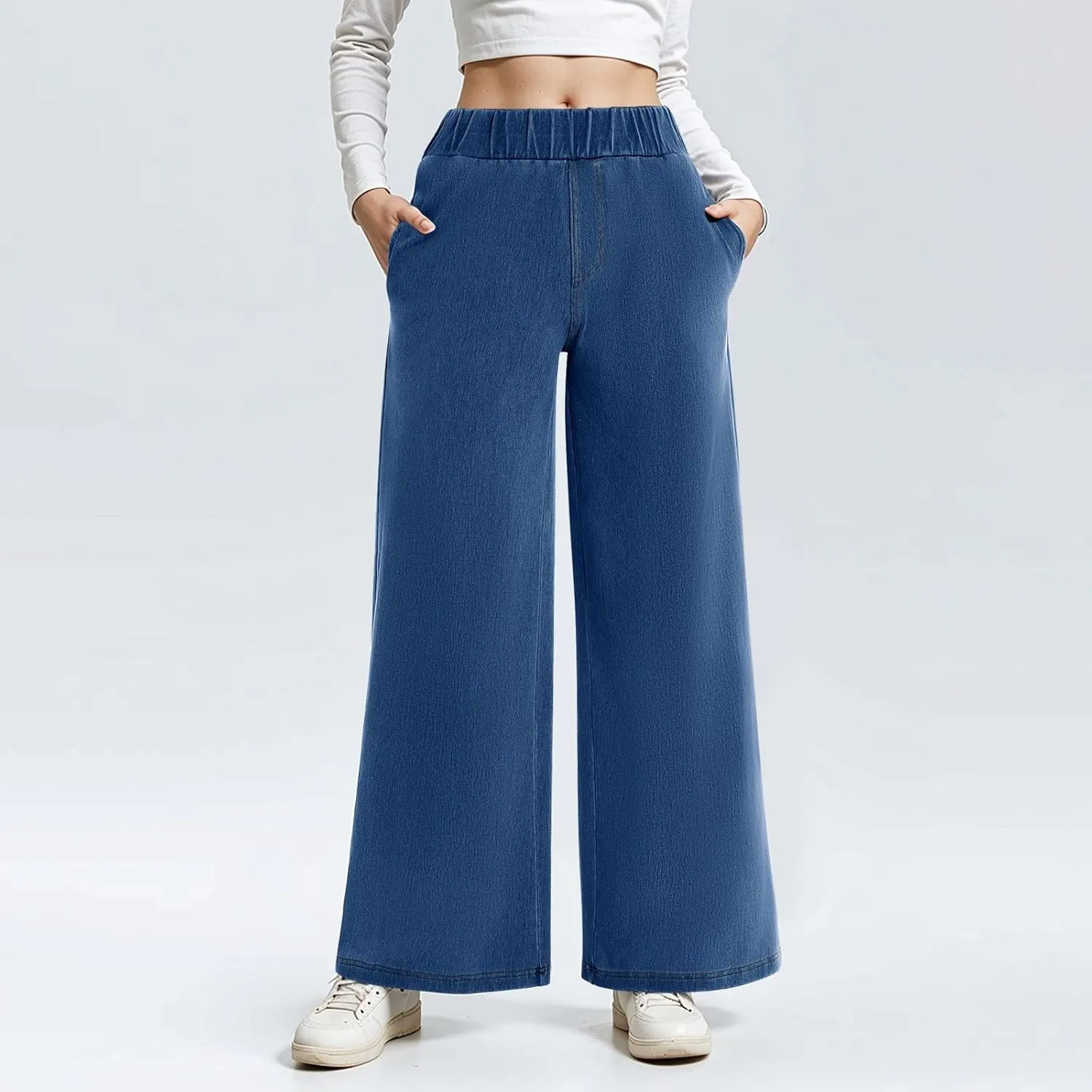 Jeans for Women Stretch High Waisted Wide Leg Jeans Baggy Straight Leg Tummy Control Pull On Denim Pants with Pockets