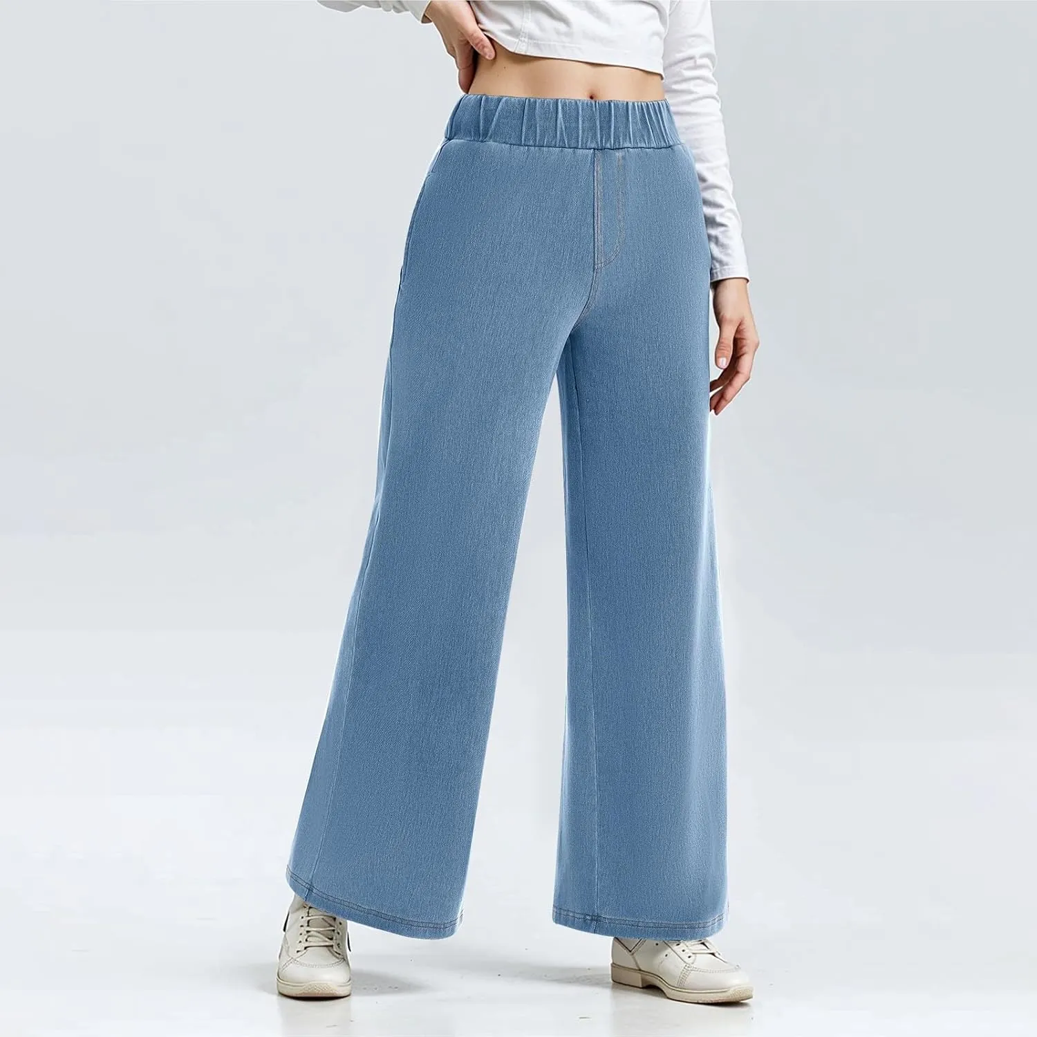 Jeans for Women Stretch High Waisted Wide Leg Jeans Baggy Straight Leg Tummy Control Pull On Denim Pants with Pockets