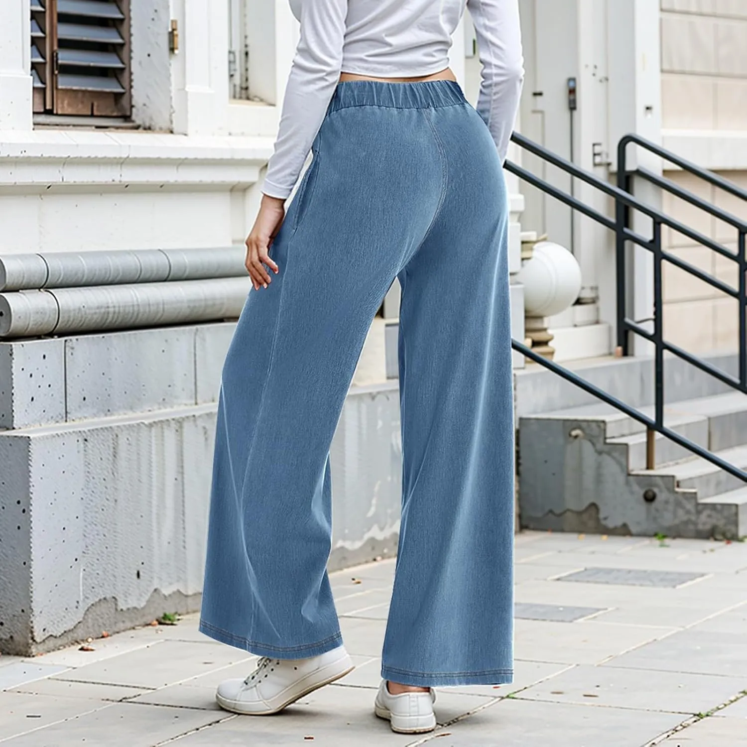 Jeans for Women Stretch High Waisted Wide Leg Jeans Baggy Straight Leg Tummy Control Pull On Denim Pants with Pockets