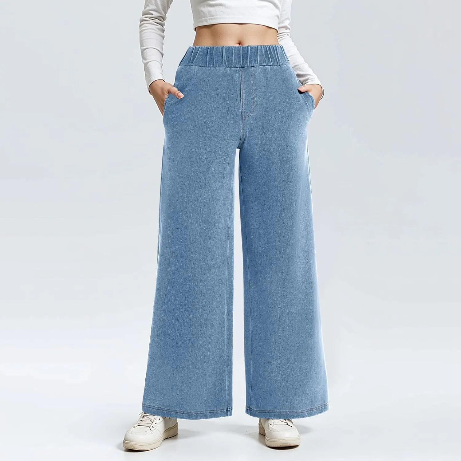 Jeans for Women Stretch High Waisted Wide Leg Jeans Baggy Straight Leg Tummy Control Pull On Denim Pants with Pockets