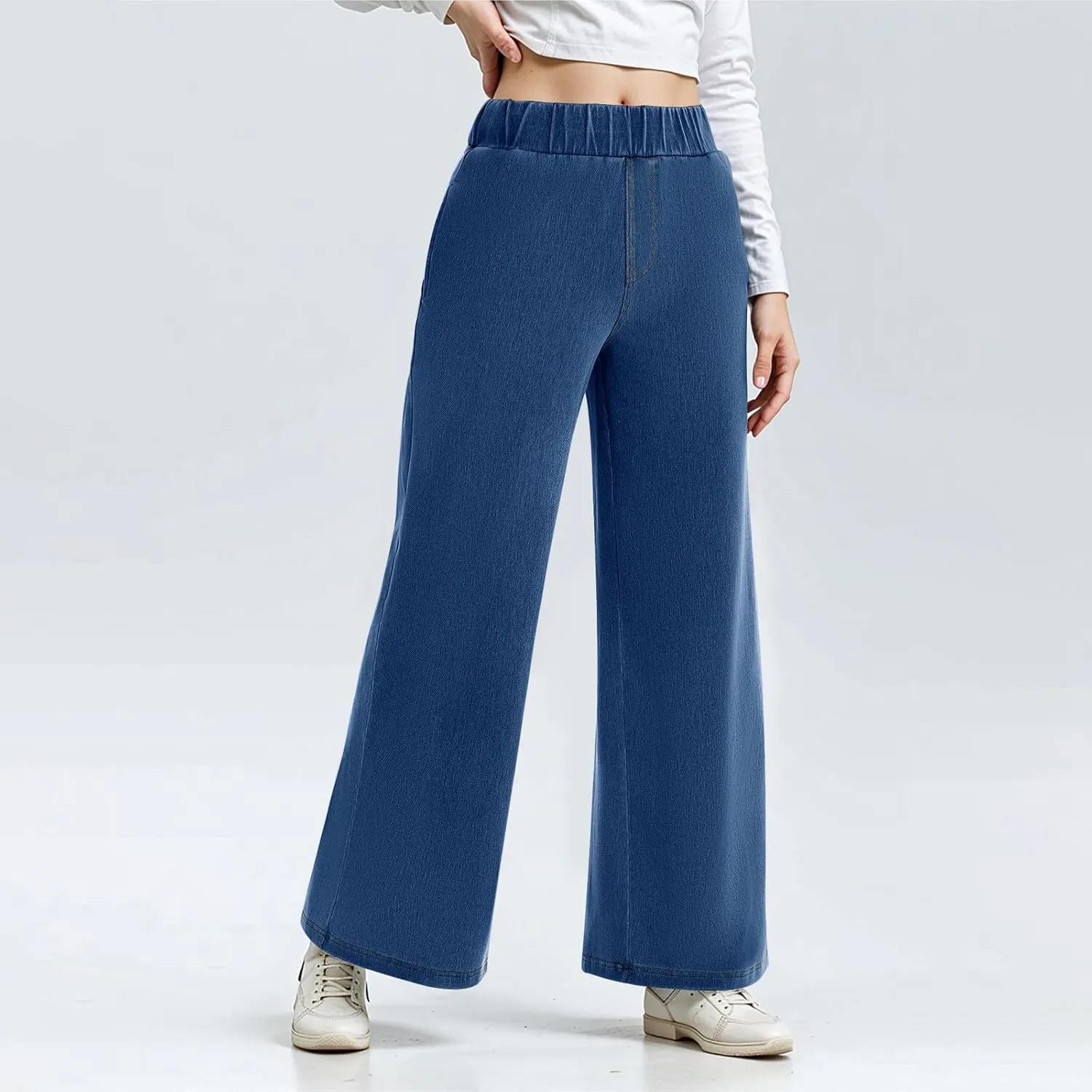 Jeans for Women Stretch High Waisted Wide Leg Jeans Baggy Straight Leg Tummy Control Pull On Denim Pants with Pockets