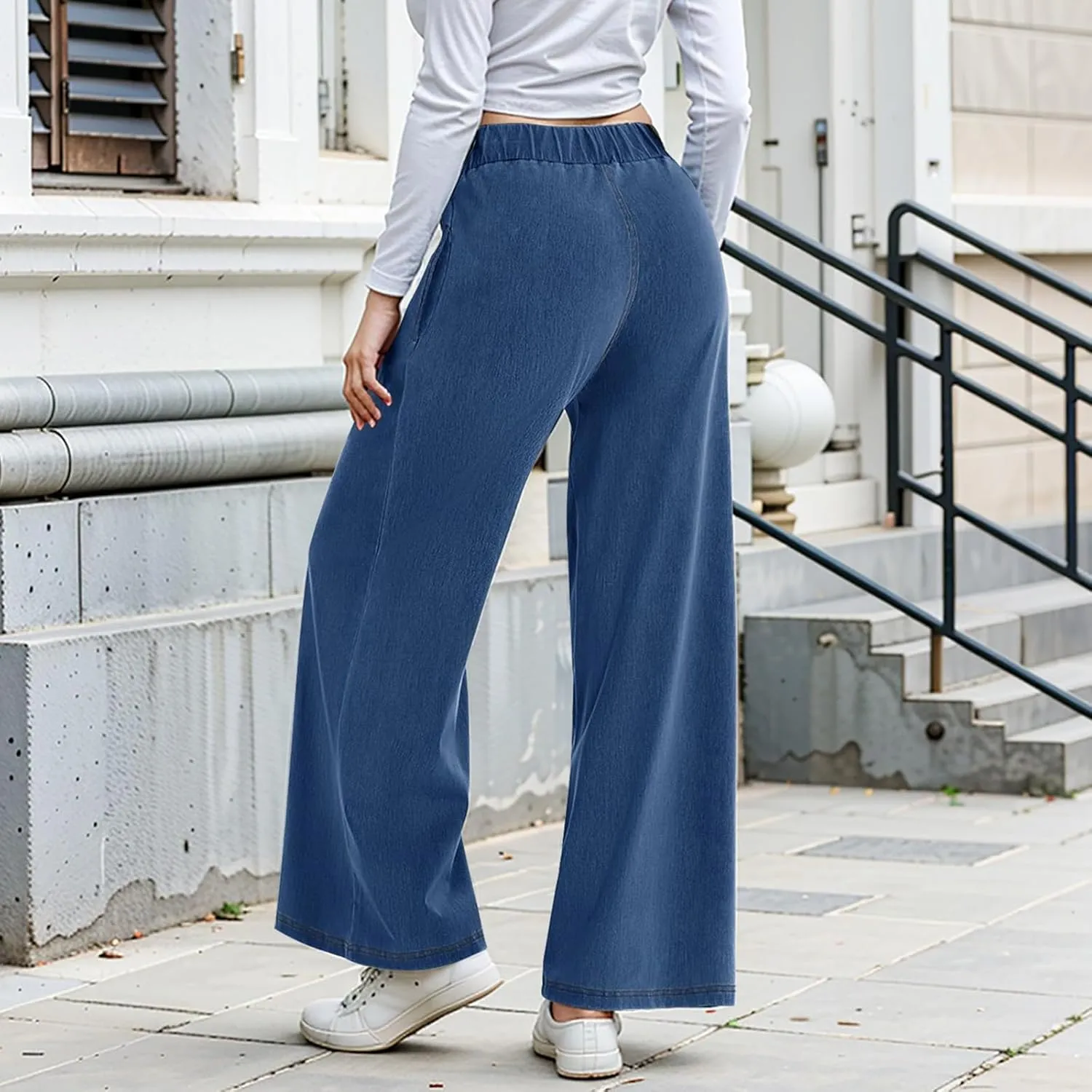 Jeans for Women Stretch High Waisted Wide Leg Jeans Baggy Straight Leg Tummy Control Pull On Denim Pants with Pockets