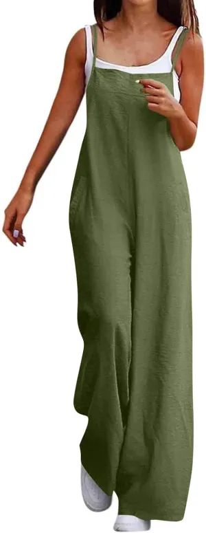 Jumpsuits for Women 2025 Casual Summer Overalls Sleeveless Strap Wide Leg Romper Trendy Beach Vacation Jumpers