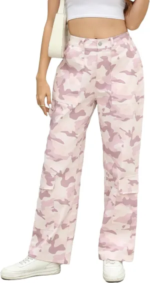 Kedera Women Camo Print Flap Pocket Wide Leg Pants Mid Waist Trousers Casual Boyfriend Cargo Parachute Baggy Pants