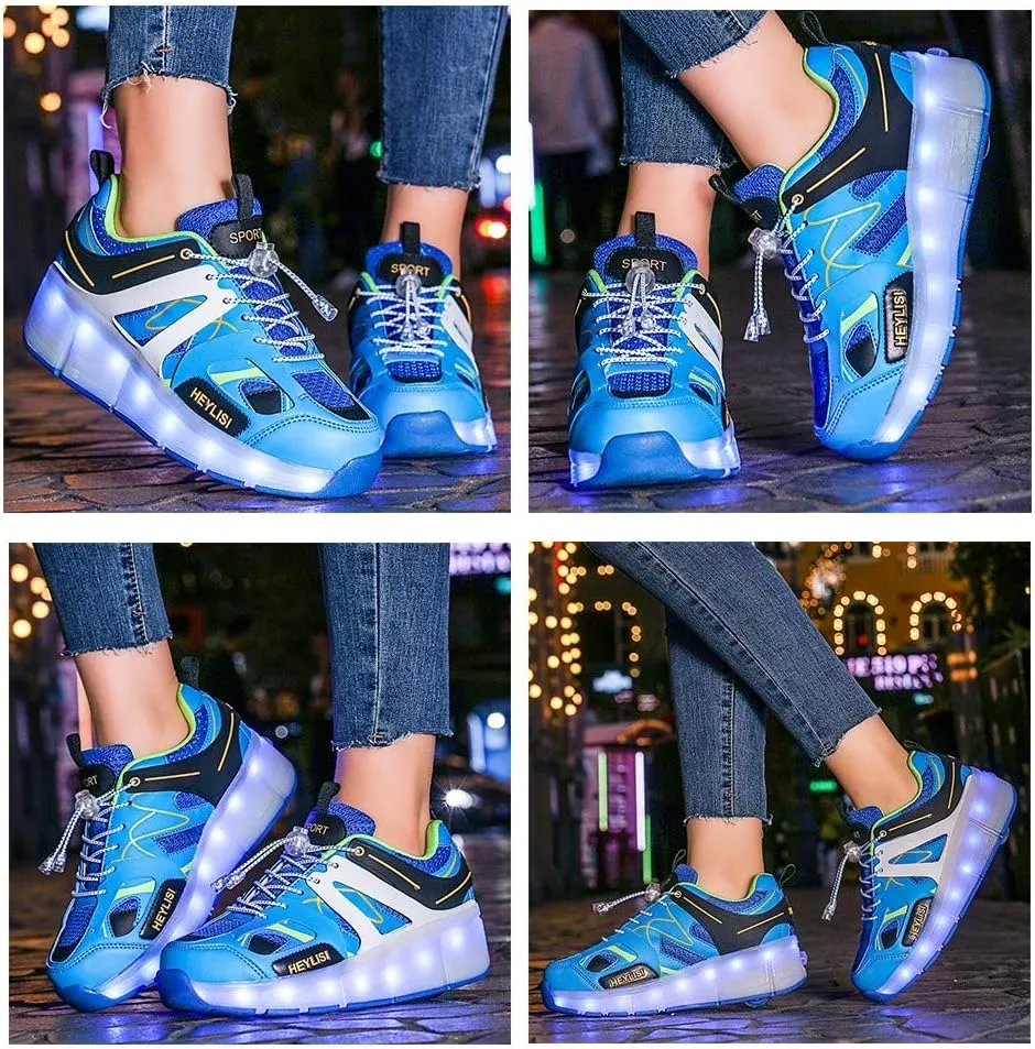 Kids USB Charging Led Light Up Shoes with Wheels Fashion Sneakers Kids Skateboarding for Girls Boys Shoes Comfortable Mesh Surface Thanksgiving Christmas Day Best GiftBlue-USA 13