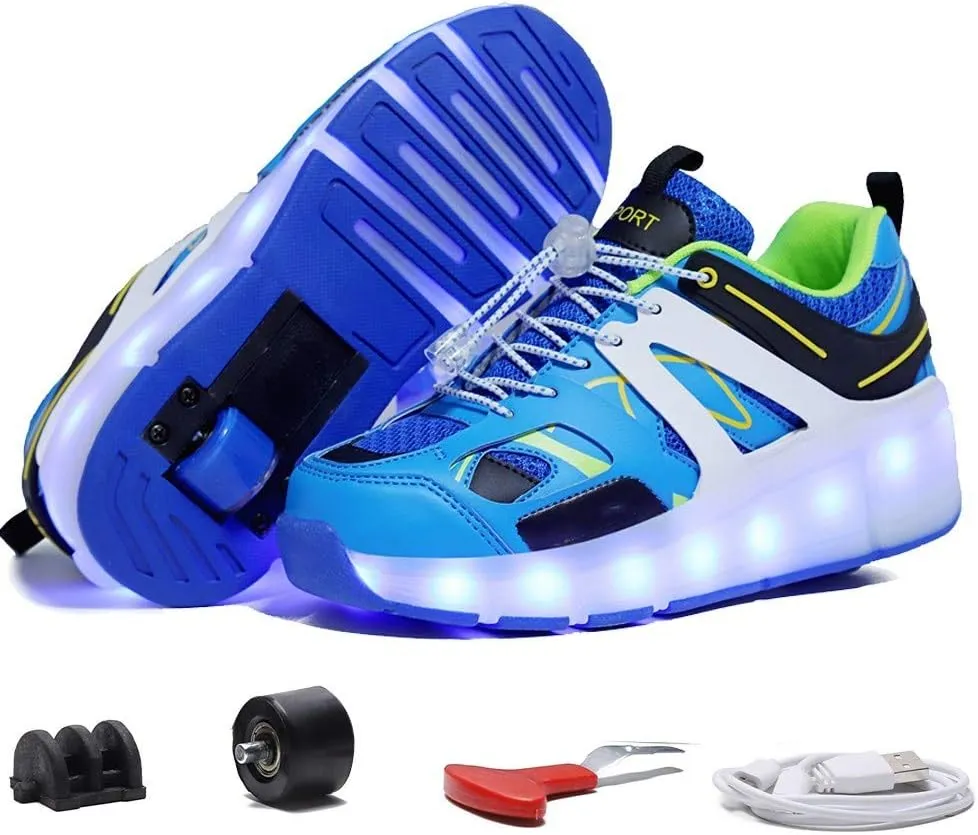 Kids USB Charging Led Light Up Shoes with Wheels Fashion Sneakers Kids Skateboarding for Girls Boys Shoes Comfortable Mesh Surface Thanksgiving Christmas Day Best GiftBlue-USA 13