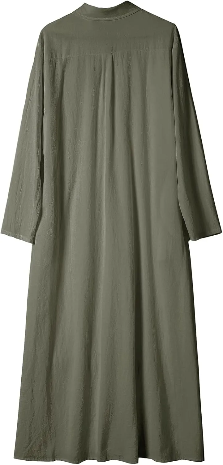 Ladyful Women's Button Down Cotton Linen Shirt Dress Long Sleeve Maxi Shirtdress Beach Summer Dress Pockets