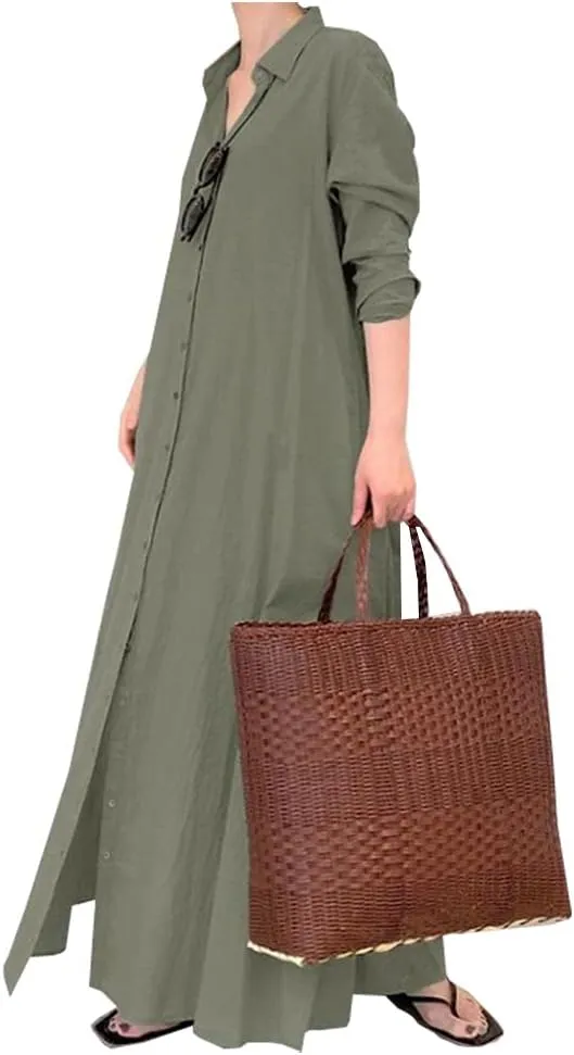 Ladyful Women's Button Down Cotton Linen Shirt Dress Long Sleeve Maxi Shirtdress Beach Summer Dress Pockets