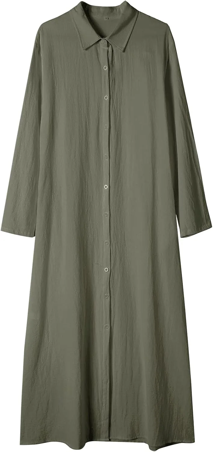 Ladyful Women's Button Down Cotton Linen Shirt Dress Long Sleeve Maxi Shirtdress Beach Summer Dress Pockets