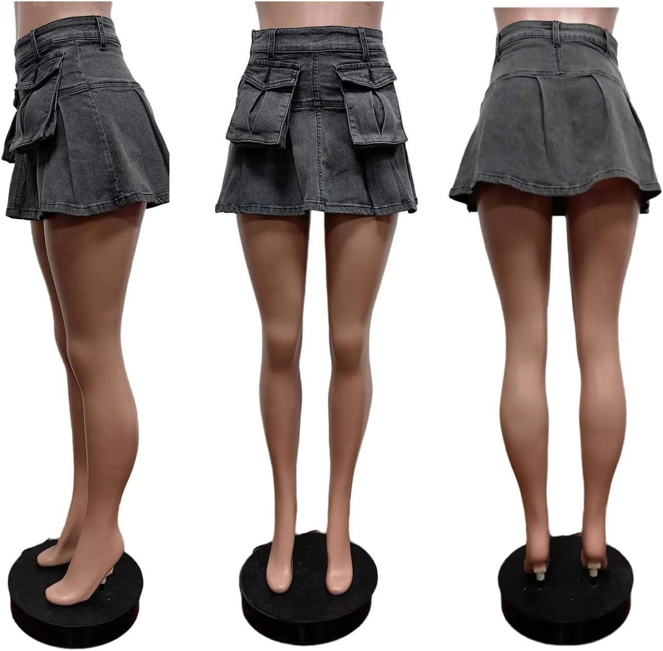 LETSVDO Women's Denim Mini Skirt Pleated Ruffle High Waisted Cargo A Line Flare Jean Short Skirts with Pockets
