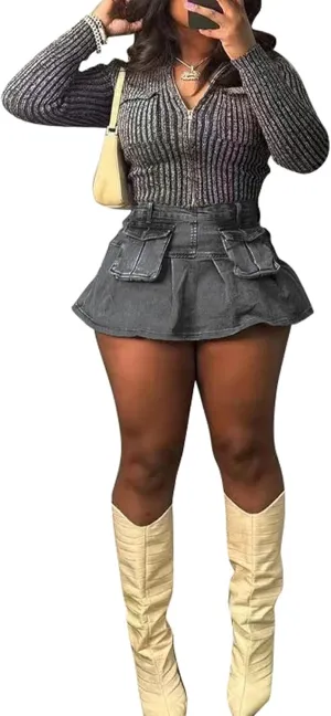 LETSVDO Women's Denim Mini Skirt Pleated Ruffle High Waisted Cargo A Line Flare Jean Short Skirts with Pockets