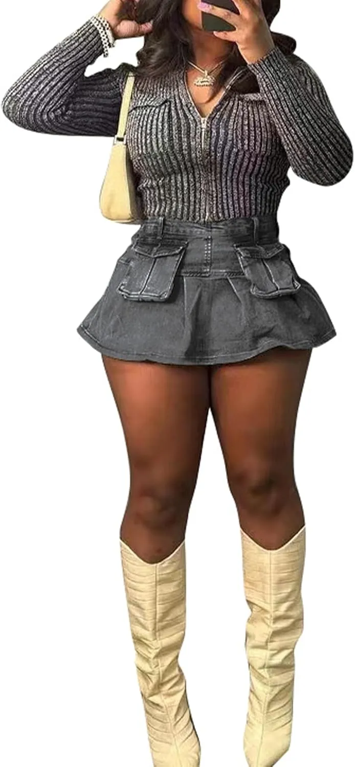 LETSVDO Women's Denim Mini Skirt Pleated Ruffle High Waisted Cargo A Line Flare Jean Short Skirts with Pockets