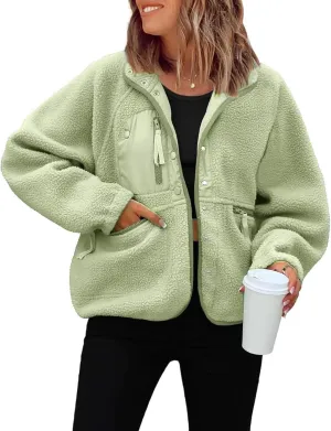 Lightweight Cropped Fuzzy Fleece Jacket for Women Winter Warm Sherpa Jackets Coat Outerwear with Pockets