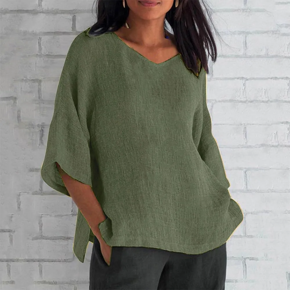 Linen Shirts for Women Plus Size 3/4 Length Sleeve Tops Casual Loose Fit Round Neck Tees 2024 Summer Fashion Blouse