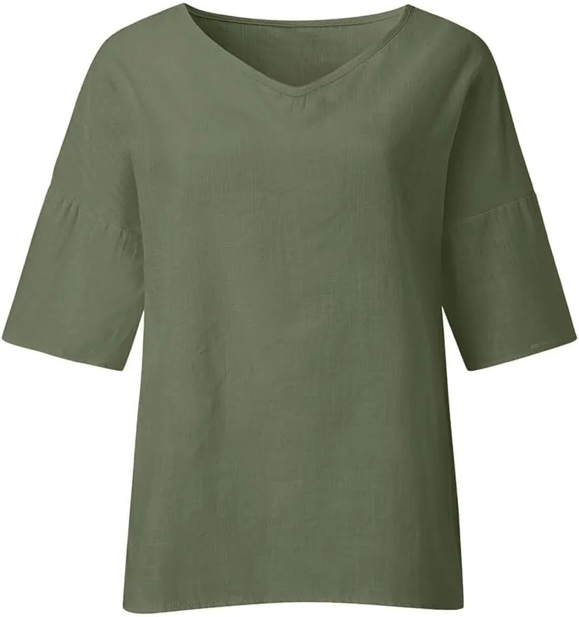 Linen Shirts for Women Plus Size 3/4 Length Sleeve Tops Casual Loose Fit Round Neck Tees 2024 Summer Fashion Blouse