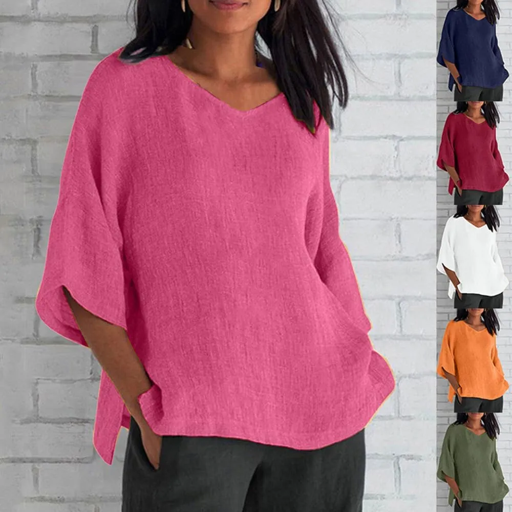 Linen Shirts for Women Plus Size 3/4 Length Sleeve Tops Casual Loose Fit Round Neck Tees 2024 Summer Fashion Blouse