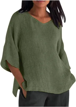 Linen Shirts for Women Plus Size 3/4 Length Sleeve Tops Casual Loose Fit Round Neck Tees 2024 Summer Fashion Blouse