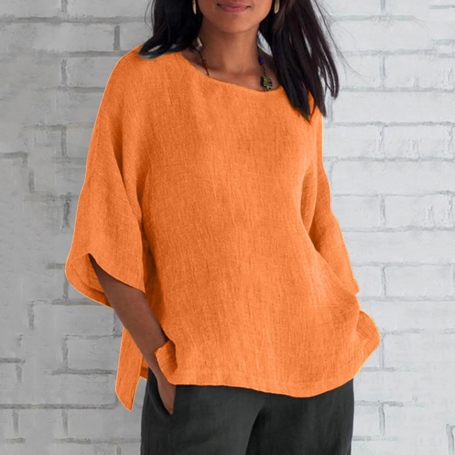 Linen Shirts for Women Plus Size 3/4 Length Sleeve Tops Casual Loose Fit Round Neck Tees 2025 Summer Fashion Blouse