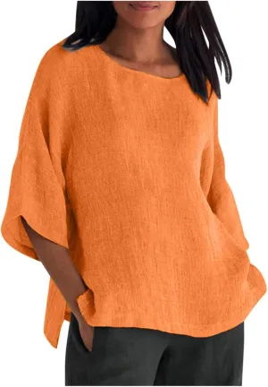 Linen Shirts for Women Plus Size 3/4 Length Sleeve Tops Casual Loose Fit Round Neck Tees 2025 Summer Fashion Blouse