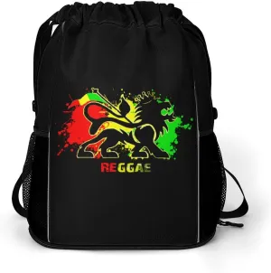 Lion Reggae Jamaica Drawstring Backpack with Mesh Pockets Sports Gym Bag String Bag Sackpack for Men Women, 45.5x41.5x36cm