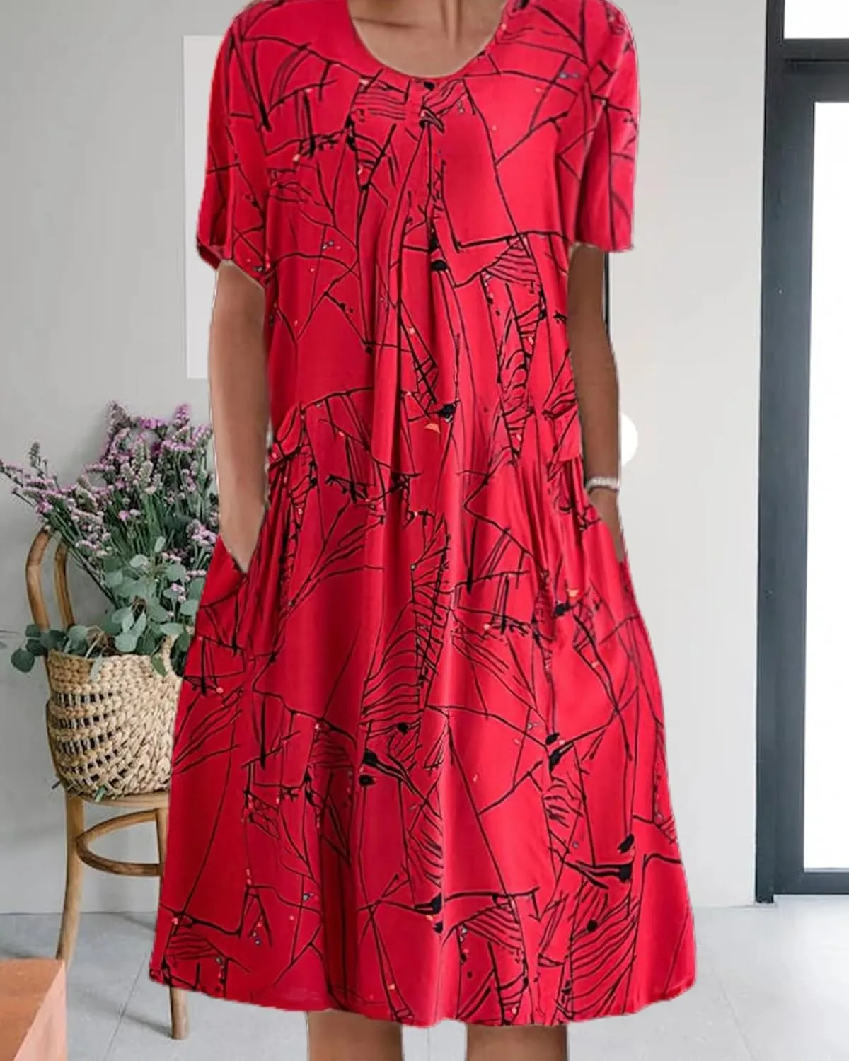 LOAIHA Women's Boho Dress Floral Print Short Sleeve T Shirt Dress 2024 Summer Casual Loose Swing Midi Dresses with Pockets