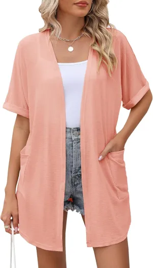 LOMON Women's Cardigans Open Front Lightweight Long Cardigan Summer Short Sleeve Casual Cover Ups with Pockets