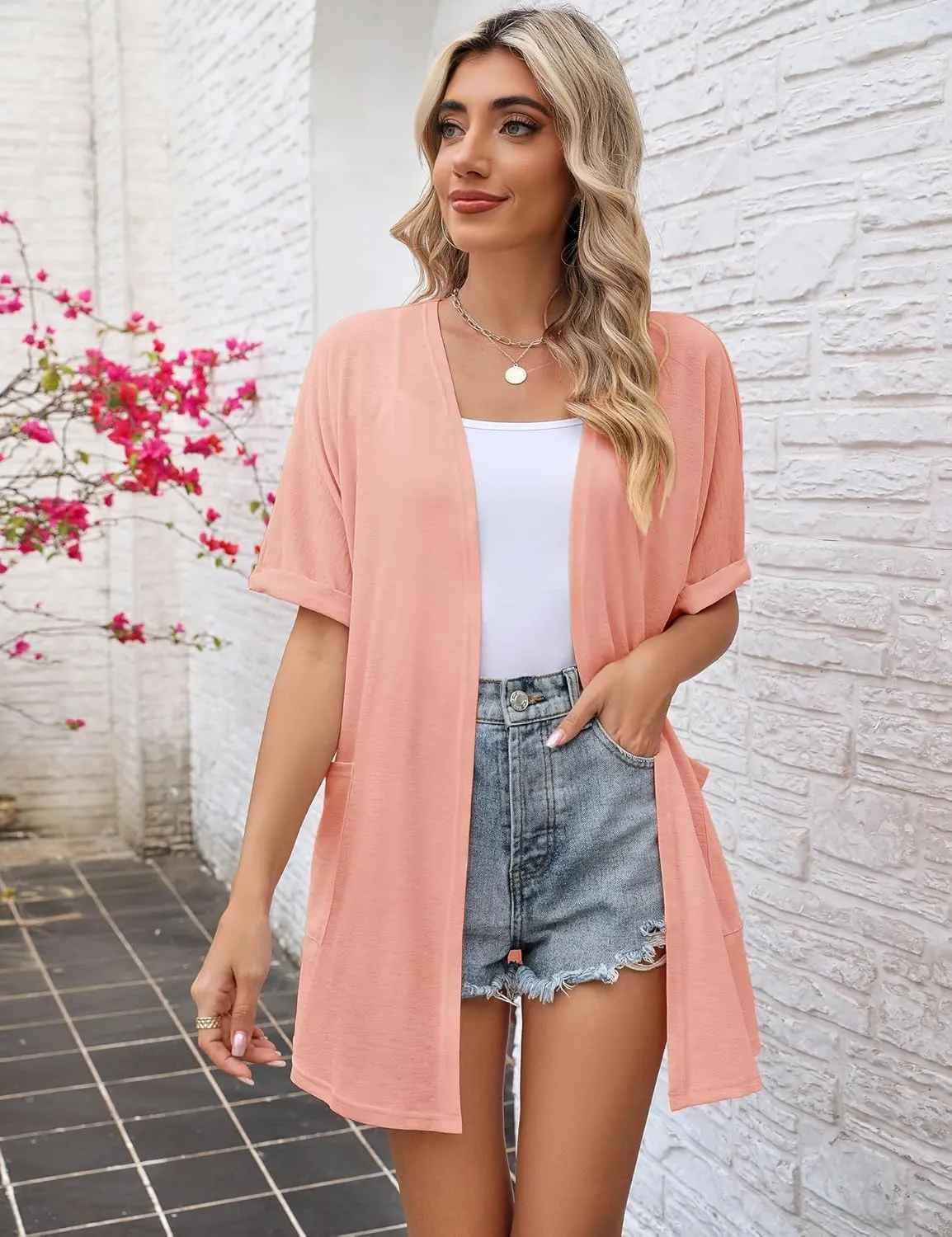 LOMON Women's Cardigans Open Front Lightweight Long Cardigan Summer Short Sleeve Casual Cover Ups with Pockets