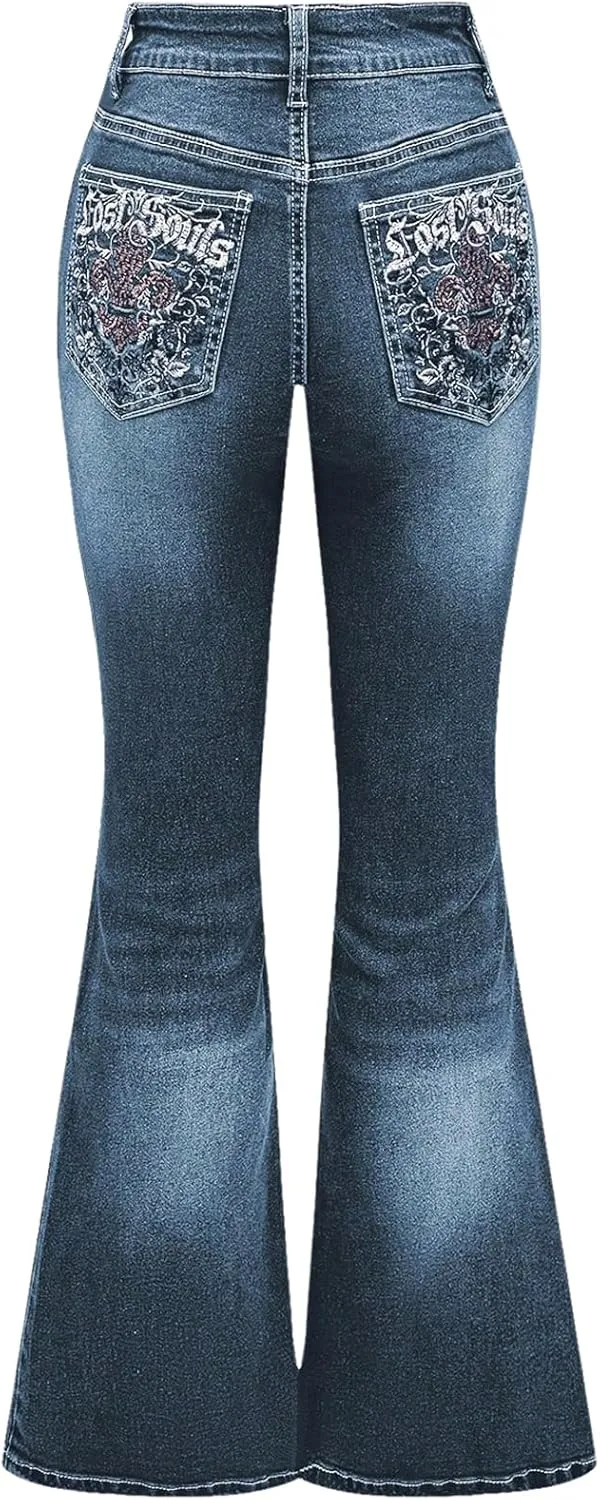 MakeMeChic Women's Bell Bottom Jeans Flare Jeans Embroidered Y2K High Waist Pants