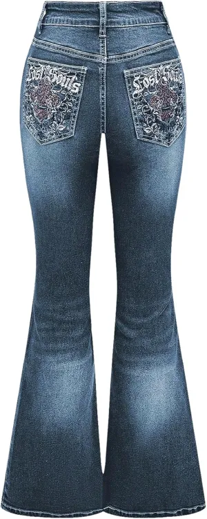 MakeMeChic Women's Bell Bottom Jeans Flare Jeans Embroidered Y2K High Waist Pants